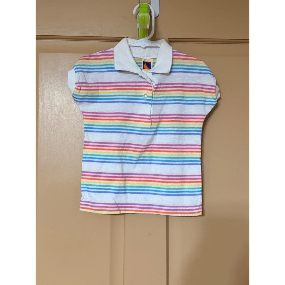 Vintage Carters Girls Rainbow Stripe Polo Shirt White Cotton Blend Size 5 USA